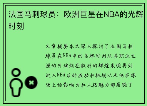 法国马刺球员：欧洲巨星在NBA的光辉时刻